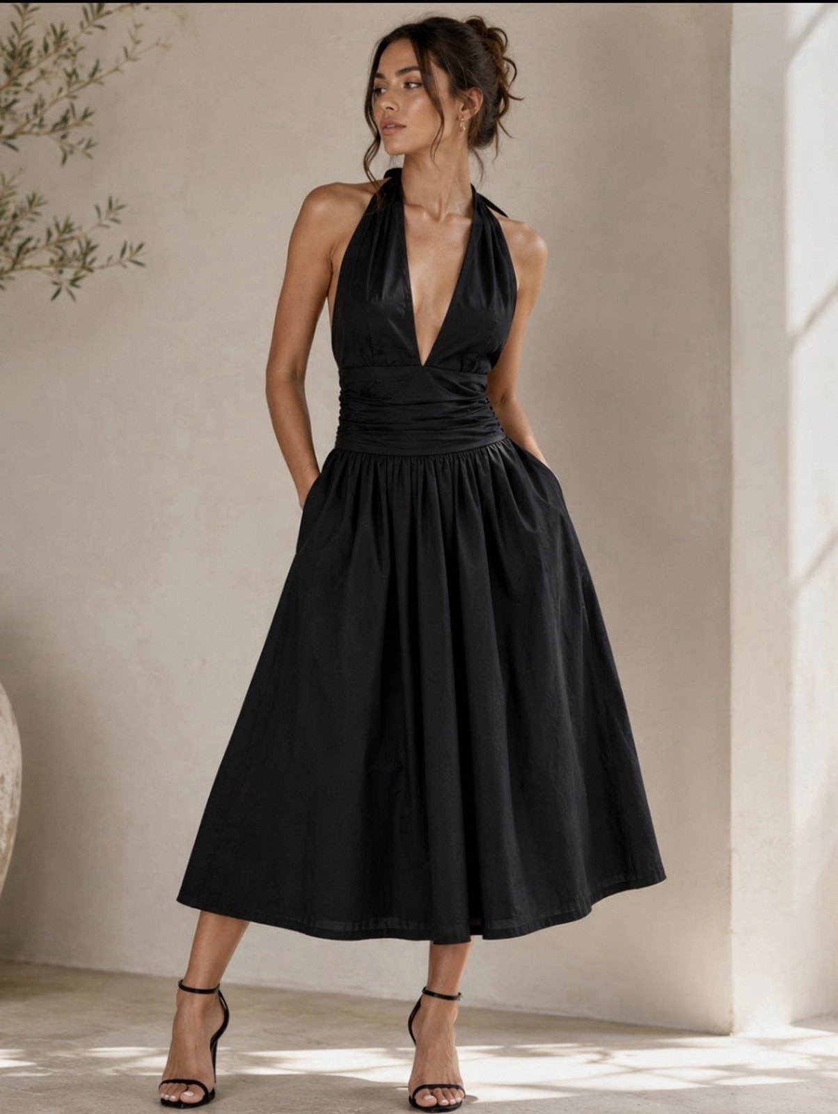 Staud Cassis Black Cotton Poplin Plunge Halter Midi Dress Ruched Waist Sz 2